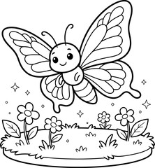 Fototapeta premium Charming hand drawn illustration of a cute butterfly fairy flying over a whimsical garden