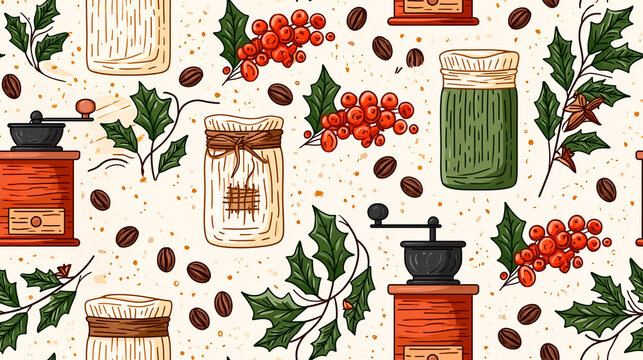 Retro seamless pattern vintage coffee maker, cup, and coffee beans.