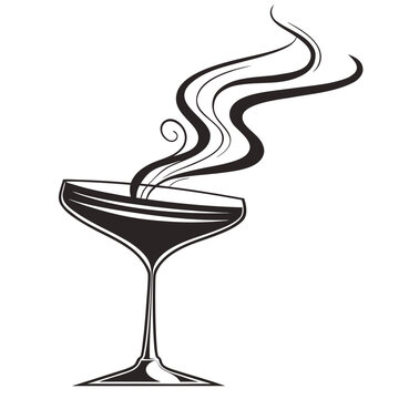 Minimalist black and white of a stemmed cocktail glass with swirling vapor rising from the liquid on a clean white background