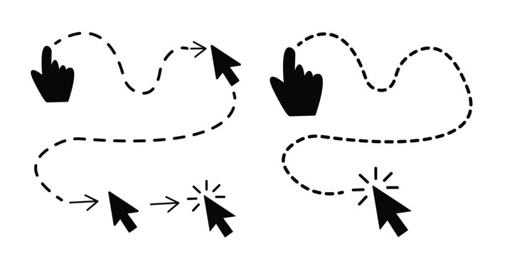 Hand cursor movement and click path with dotted arrows for website navigation user interface interaction and digital workflow