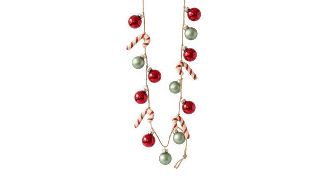 Christmas garland with red and green glass baubles and candy canes, isolated on transparent background