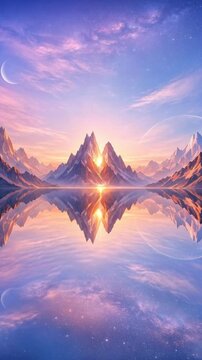 Fantasy Mountain Landscape Reflecting in Lake under a Celestial Starry Sky