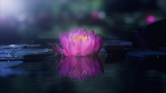 Pink lotus flower reflected in the water in the rising sun.