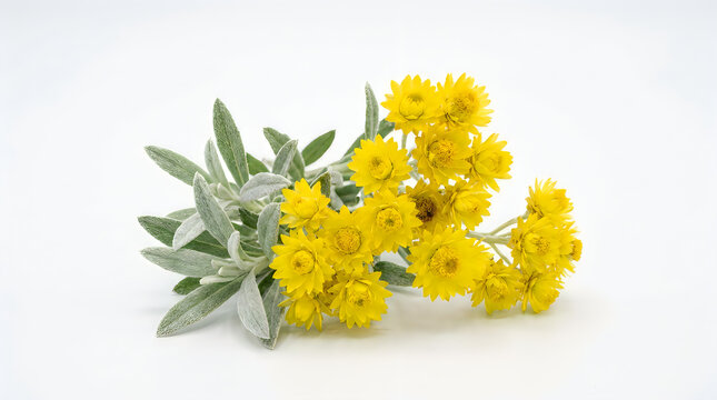 Helichrysum italicum plant with flower in bloom isolated on white background. Curry plant