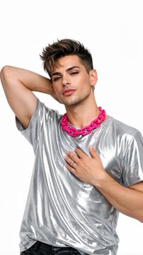 Stylish Man in Metallic Silver T-Shirt and Pink Necklace