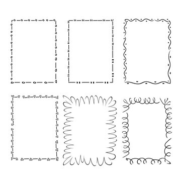 Collection of hand drawn decorative square frames and borders in black and white
