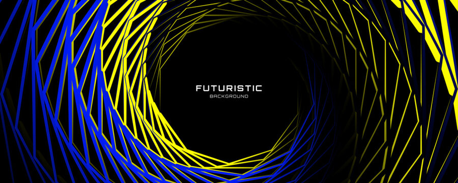 3D blue yellow lines techno abstract background in dark space with decagon shapes effect decoration. Modern graphic design element stripes style concept for web, art, flyer, card, or brochure cover