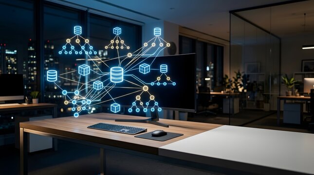 Modern office desk with computer displaying glowing data network and database icons