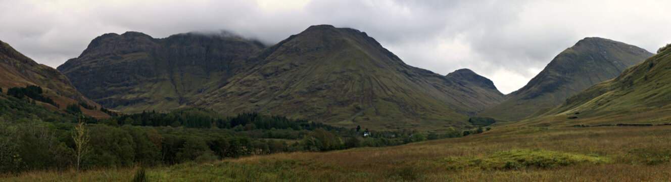 Panoramic view from Glencoe visitor centre in the Scottish highlands. Seen from left to right, Aonach Dubh, Stob Coire nan Lochan, Stob Coire nam Beith,  Beinn Maol Chaluim and Aonach Dubh a' Ghlinne.