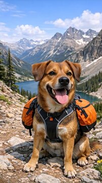 Happy Dog with Hiking Pack in Mountain Landscape