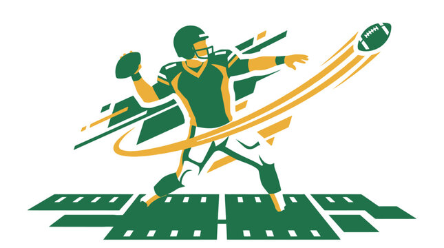 Stylized american football quarterback throwing a football, dynamic vector illustration of a player in motion with abstract graphic elements, NFL, American Football, Super Bowl, NFL 2027