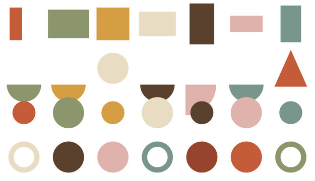 Geometric shapes collection featuring various colorful circles triangles and rectangles arranged in a playful composition for creative design projects that require artistic patterns and visual