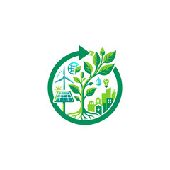 Fototapeta premium Eco friendly sustainable development circle logo featuring a growing green plant with renewable solar energy wind power and city cityscape elements