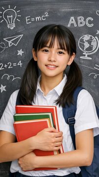 Happy Schoolgirl with Pigtails Holding Books in Front of a Chalkboard