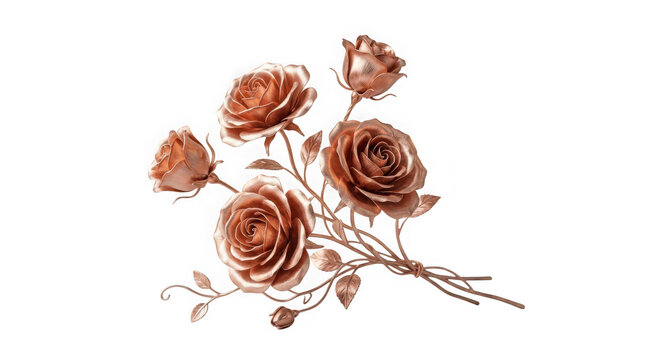 Beautiful bouquet of metallic copper roses with leaves and buds isolated on transparent background
