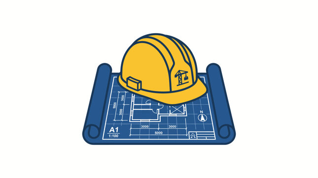 Construction Helmet and Blueprint for Building Design and Architecture Planning.