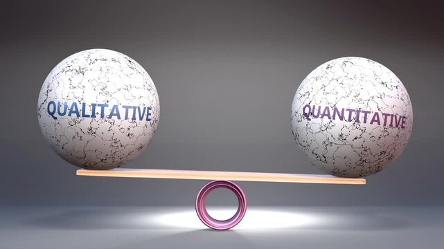 Qualitative and quantitative in balance - balancing stones on a scale symbolizing harmony, equity and equilibrium between qualitative and quantitative. Harmonious and beneficial situation.