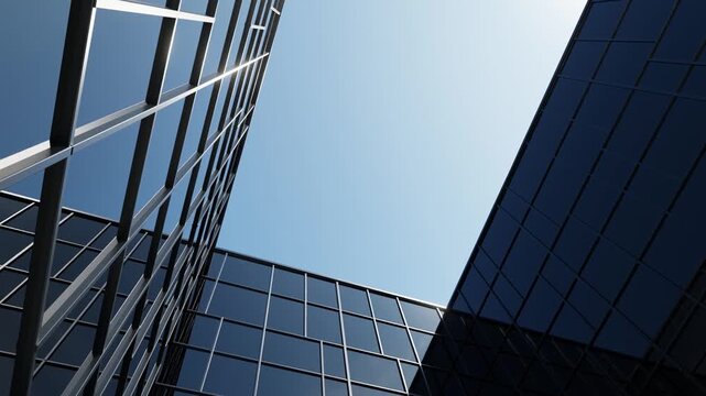 Abstract architecture background, Glass skyscraper facades with steel beam structure against clear blue sky, Modern Exterior, 3D animation