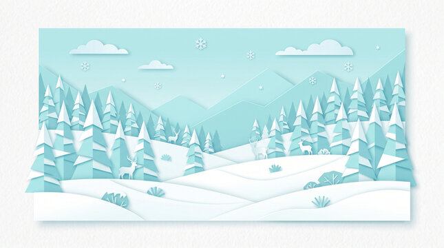 Minimalist Layered Paper Cut Vector Art of Snowy Pine Trees with Clean Geometric Shapes and Soft Pastel Cyan and Snow-White Tones, Serene Winter Forest Composition for Unique Holiday Background Graphi