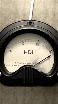 Hdl meter showing big levels of hdl. Dangerously increasing values of hdl, critical overload. Too much, off the charts. Max hdl