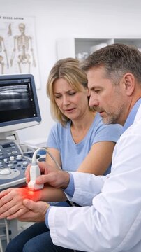 Doctor performing an ultrasound scan on a patient's wrist for diagnosis