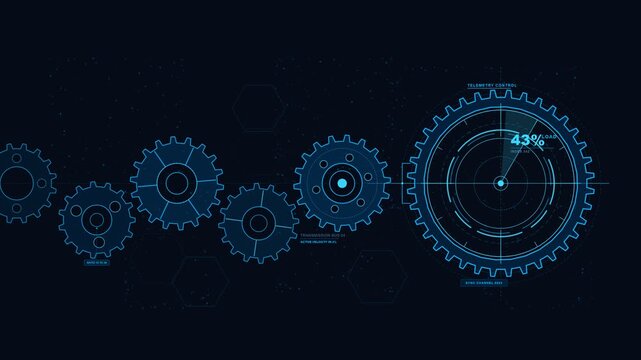 Gear Mechanism HUD Interface with Rotating Neon Holographic Cogs, Radar Indicator, and Loading Percentage Counter on Black Background