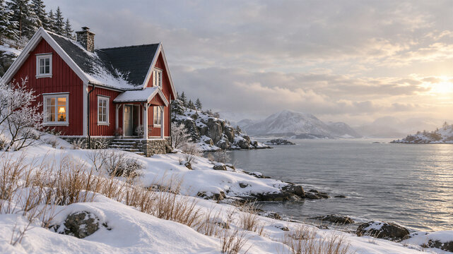 Red Wooden Cottage on a Snowy Mountain Coast