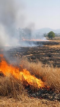 Field of grass and brush burning with smoke in a rural landscape
