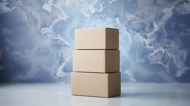 A tall stack of brown cardboard boxes leans against a textured blue wall symbolizing shipping delivery storage and the concept of moving