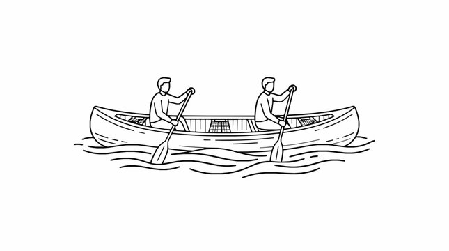 Two people paddling in a canoe on water illustrated in a minimalist line art style with individuals sit inside