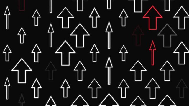 Arrow Icons Moving Upward with Red Outlines Flashing on Black Background for Business Growth and Financial Success Concept