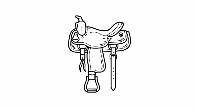 A simple black and white line drawing of a western horse saddle on white background with illustration western style