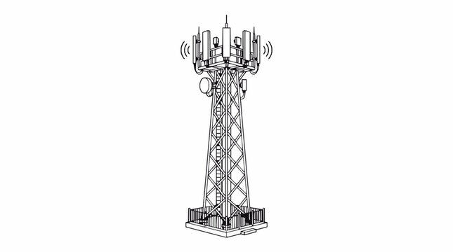 A black and white line drawing illustration of a tall metal telecommunications cell tower with against white background