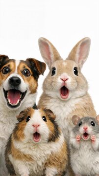 Funny Group of Pets - Dog, Rabbit, Guinea Pig, and Hamster with Surprised Expressions