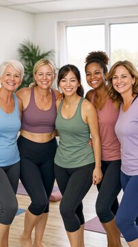 Group of diverse smiling women in fitness attire in a bright studio