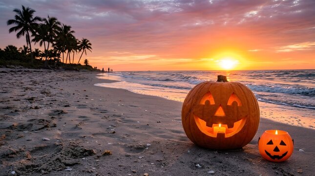 A glowing halloween jack o lantern sits on a warm tropical beach at sunset with swaying palm trees and gentle ocean waves