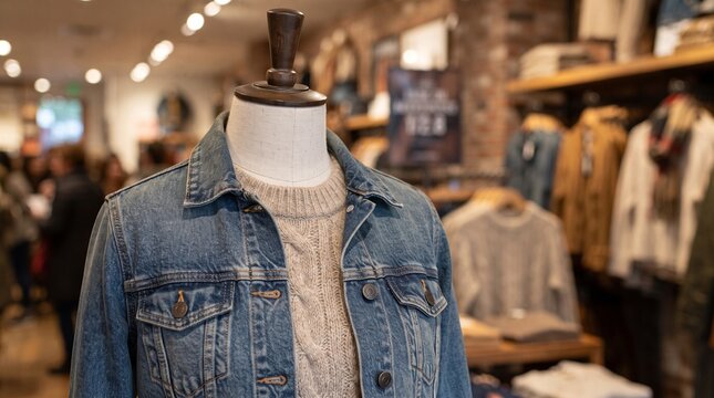 Mannequin wearing blue denim jacket layered over warm cream sweater, casual autumn fashion outfit display in retail boutique store