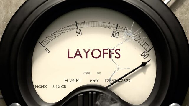 Layoffs meter showing big levels of layoffs. Dangerously increasing high values of layoffs, critical overload. Too much, off the charts. Max layoffs