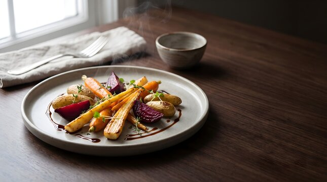Angle view of roasted root vegetables including golden carrots and beets served on a light gray plate with natural soft lighting.