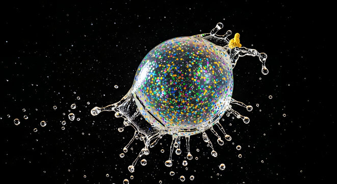 Colorful transparent sphere with embedded dots splashing water droplets in dark space