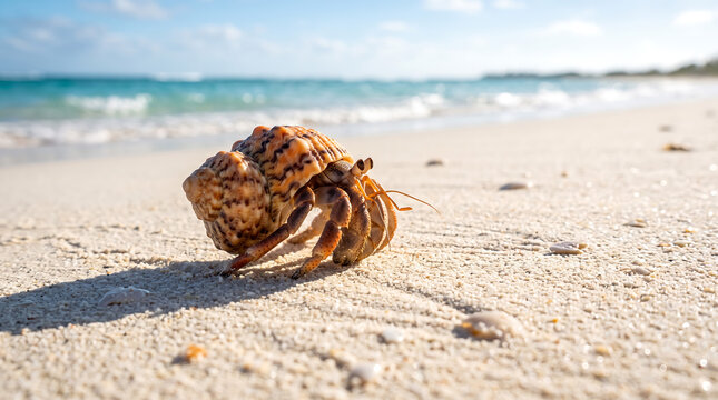 A small hermit crab walking on the white sand beach near the ocean.
