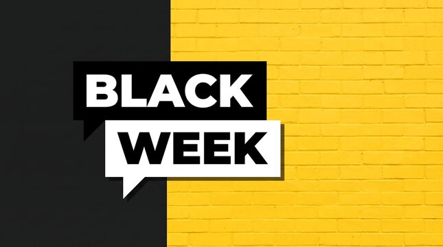 Black Week sale banner design with yellow brick wall background