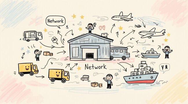 Distribution center and communication network concept: A naive hand-drawn illustration of a distribution center and communication network concept, with simple shapes, slightly crooked lines, and a han