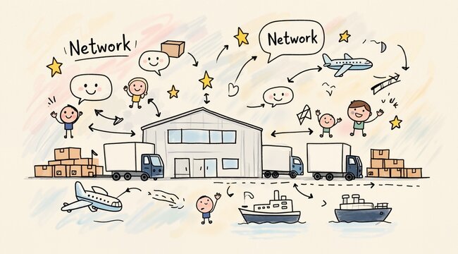 Distribution center and communication network concept: A naive hand-drawn illustration of a distribution center and communication network concept, with simple shapes, slightly crooked lines, and a han