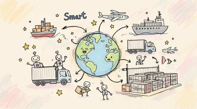 logistics network distribution and transportation, Smart logistics, Future of transportation innovation on huge storage centers: A naive hand-drawn illustration of a logistics network, distribution, t