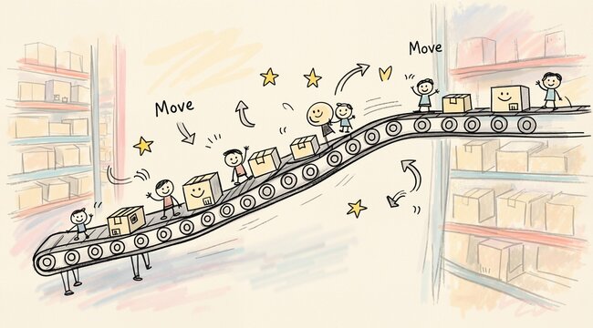 Conveyer in distribution center: A naive hand-drawn illustration of a conveyor in a distribution center, with simple shapes, slightly crooked lines, and a hand-made graphic style. The conveyor is a wo