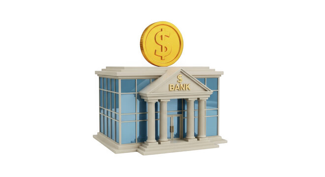 Bank building with gold coin icon isolated on transparent background