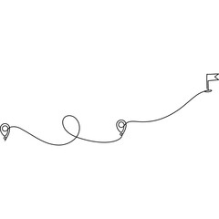Obraz premium Destination route with line pin mark and flag. Continuous line winding path.