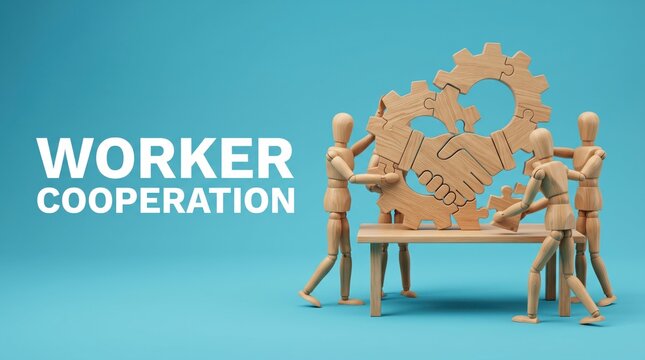 People cooperating to build a gear puzzle illustration