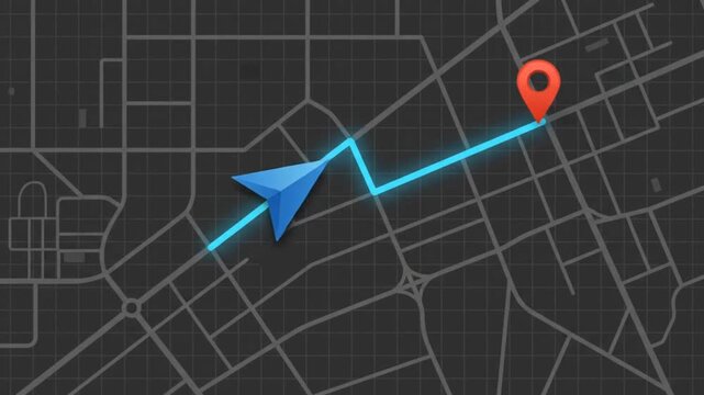 GPS navigation route map with a glowing path and location pins on a dark background